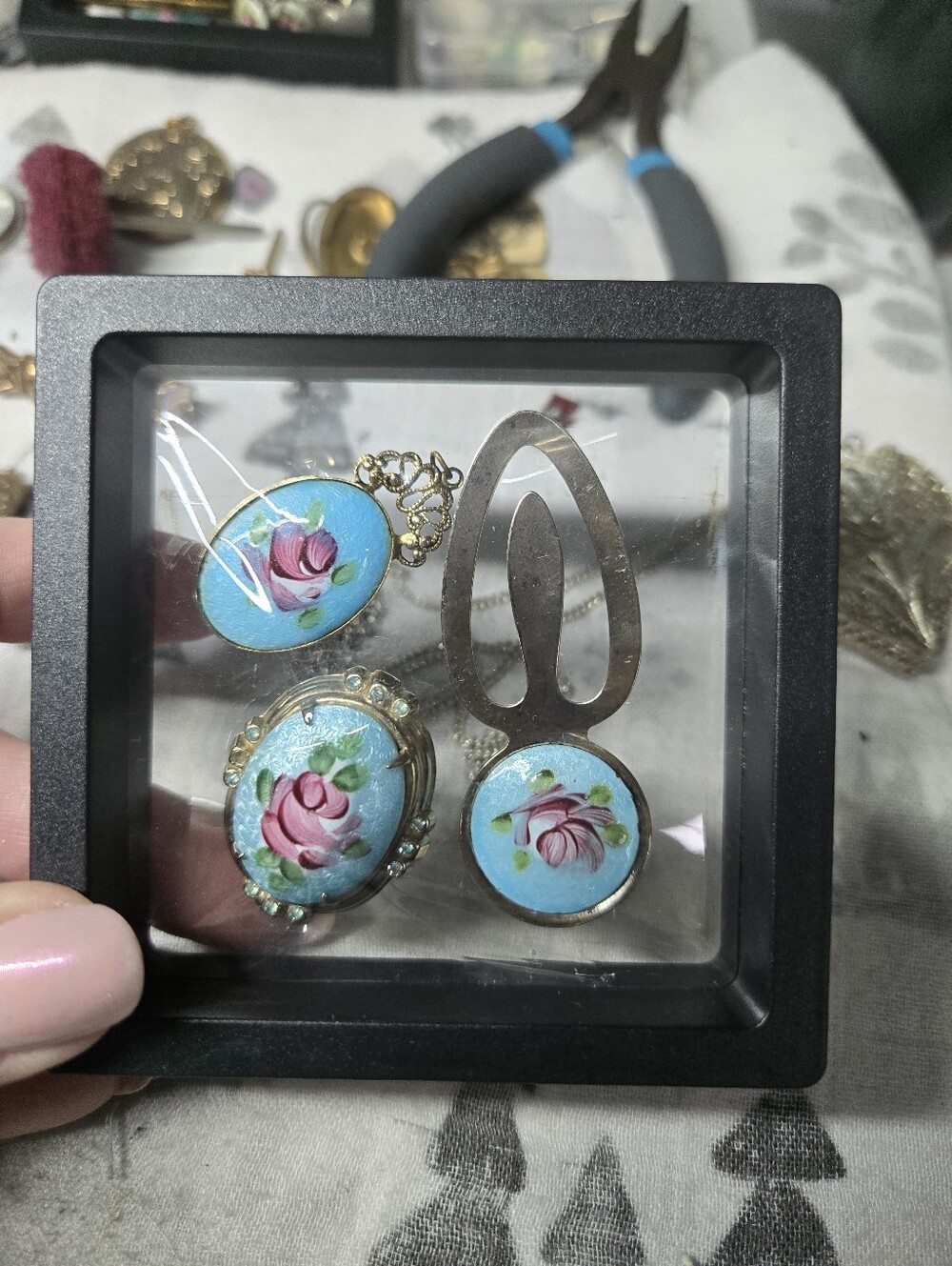 Vintage Guilloche Blue Rose Enamel Jewelry Set - Women